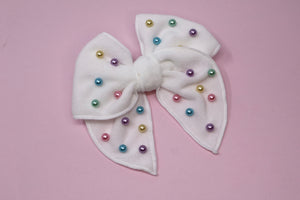 White Plush & Pearled Large Remi Bow (Alligator Clip Only)