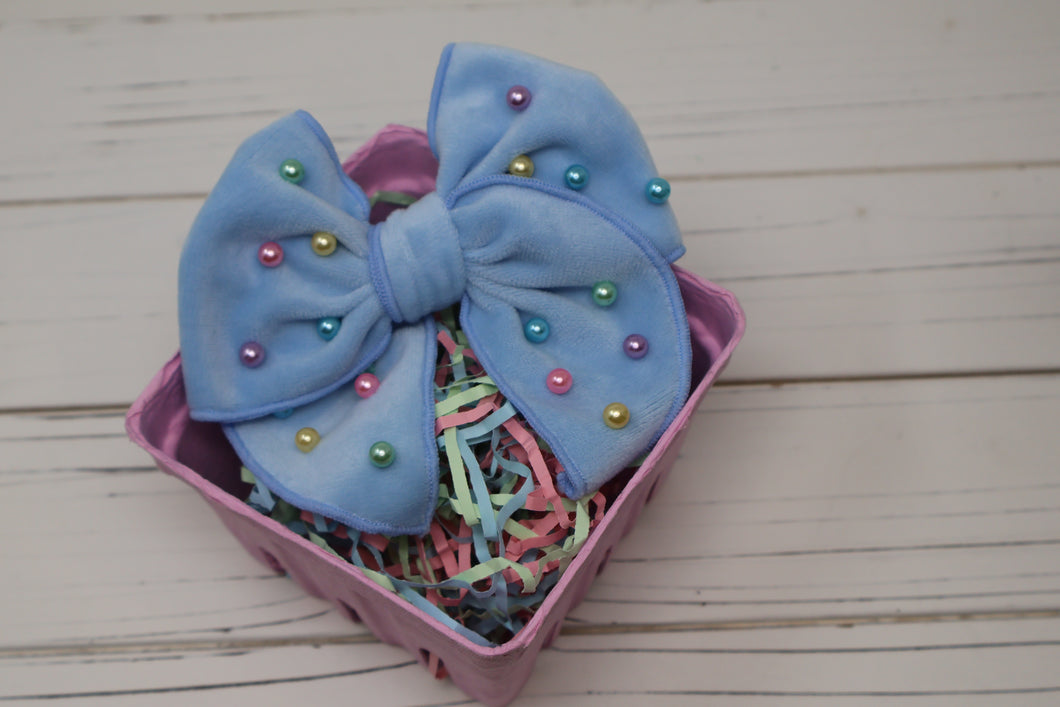 Blue Plush & Pearled Large Remi Bow (Alligator Clip Only)