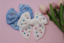 Load image into Gallery viewer, Blue Plush &amp; Pearled Large Remi Bow (Alligator Clip Only)
