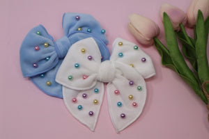 White Plush & Pearled Large Remi Bow (Alligator Clip Only)